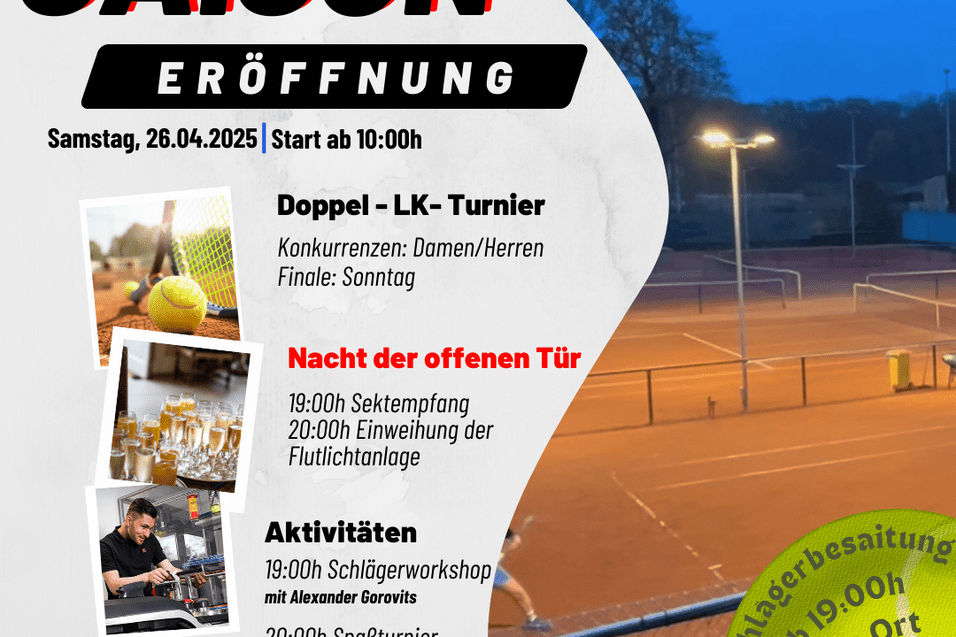 Grafik mit Informationen zur Saisoner&ouml;ffnung eines Tennisvereins am 26.04.2025, inklusive Turnier und Aktivit&auml;ten.