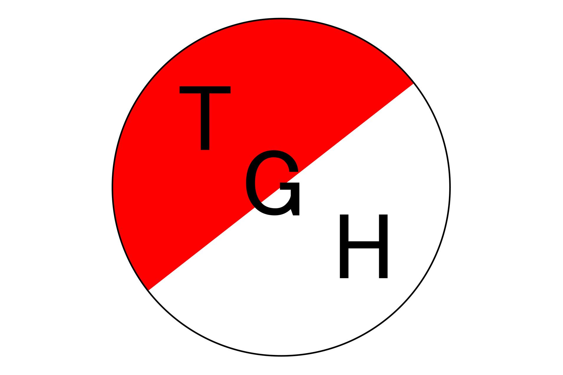 Rundes Logo mit diagonal roter und weißer Fläche, darauf die Buchstaben T, G und H in Schwarz.