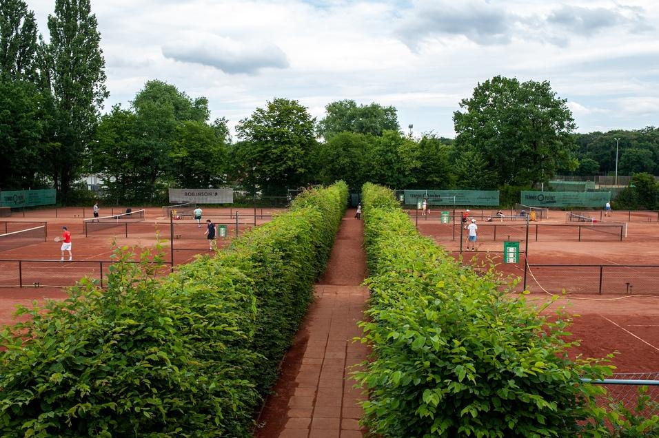 Blick auf mehrere Tennispl&auml;tze, umgeben von gut gepflegten Hecken und gr&uuml;nen B&auml;umen am Himmel mit Wolken.